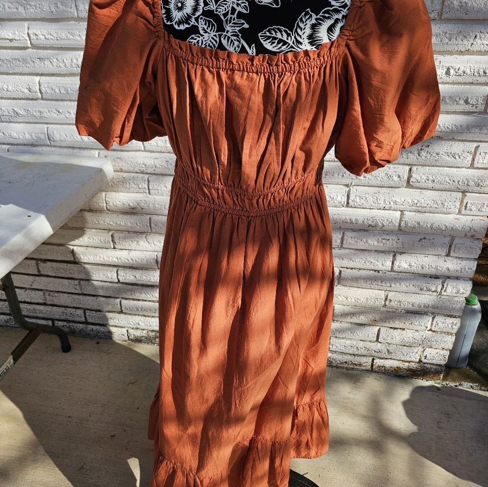 Dizzy Rust Orange Puff-Sleeve Midi Dress Sz LARGE - Picture 3 of 3